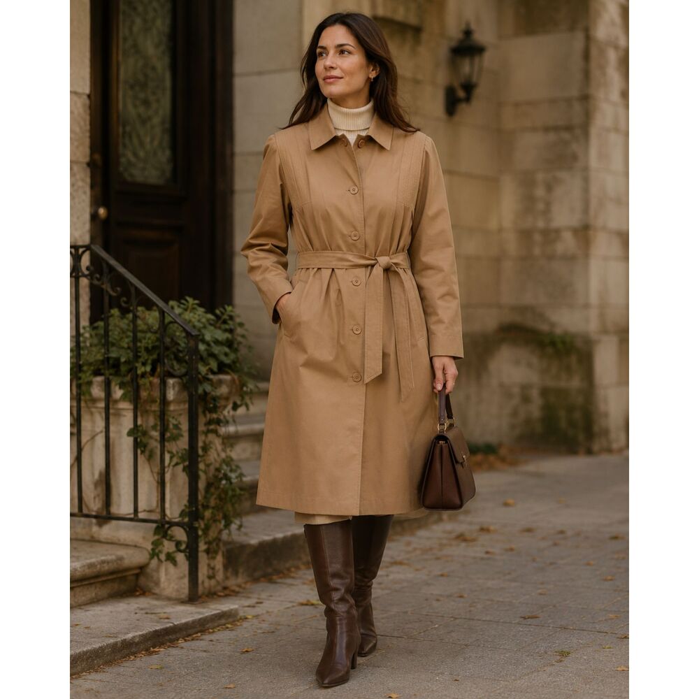 90s Y2K USA Union Made Tan Belted Trench Coat Long Minimalist